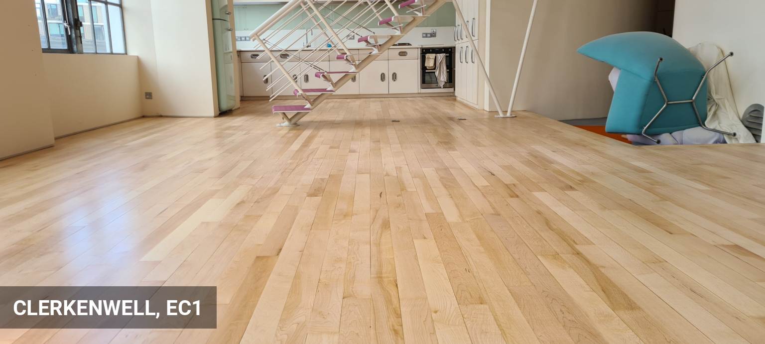 Solid Maple Strip Hardwood Flooring Restoration in Clerkenwell, EC1