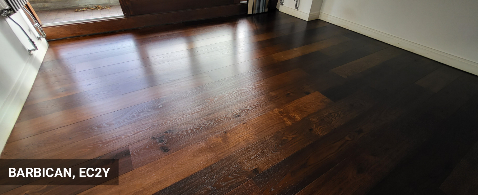 Restoration of Deep Smoked Oak Flooring in Barbican, EC2Y