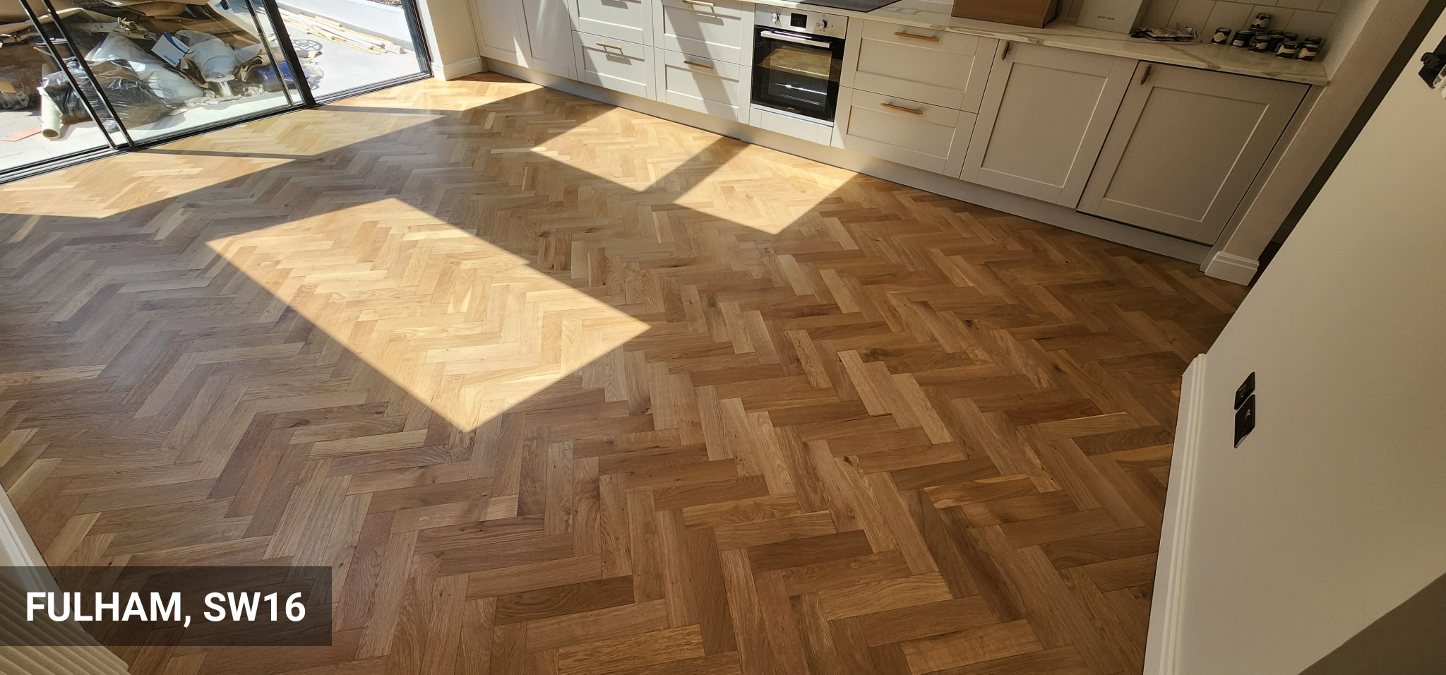 Rustic Herringbone Oak Parquet Flooring Restoration in Fulham