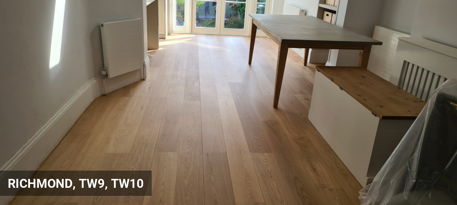 Sanding Engineered Oak Wood Flooring and Sealing With Inivisble / Raw Finish - Bona Mega Natural in Richmond, TW9, TW10