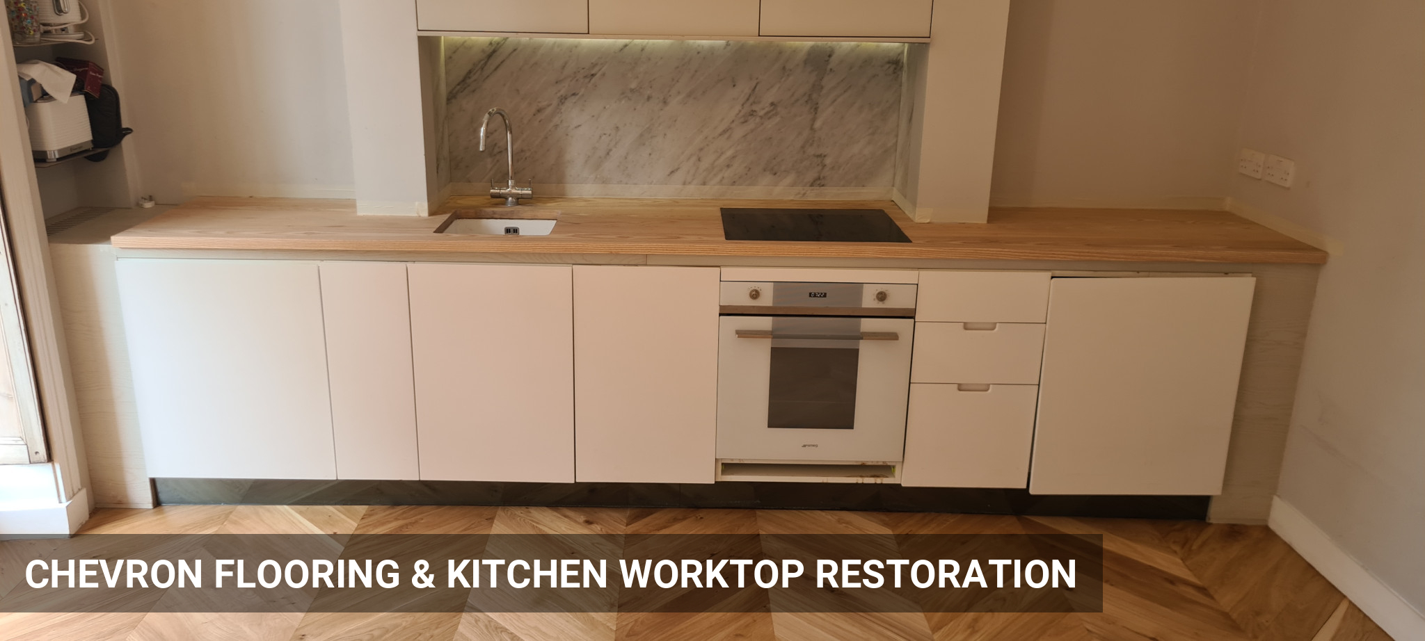 Oak Chevron Parquet Floor Sanding & Worktop Restoration in Central London