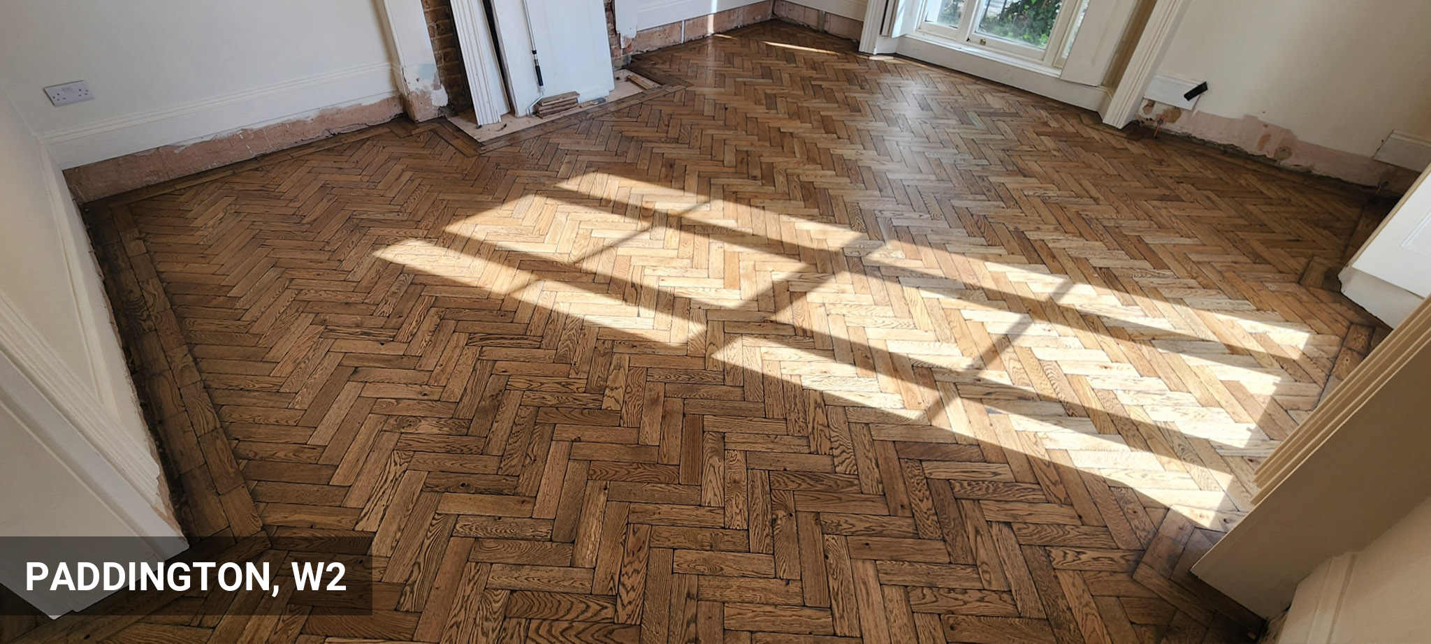 Tumbled Oak Parquet Flooring in Herringbone Pattern Installation in Paddington