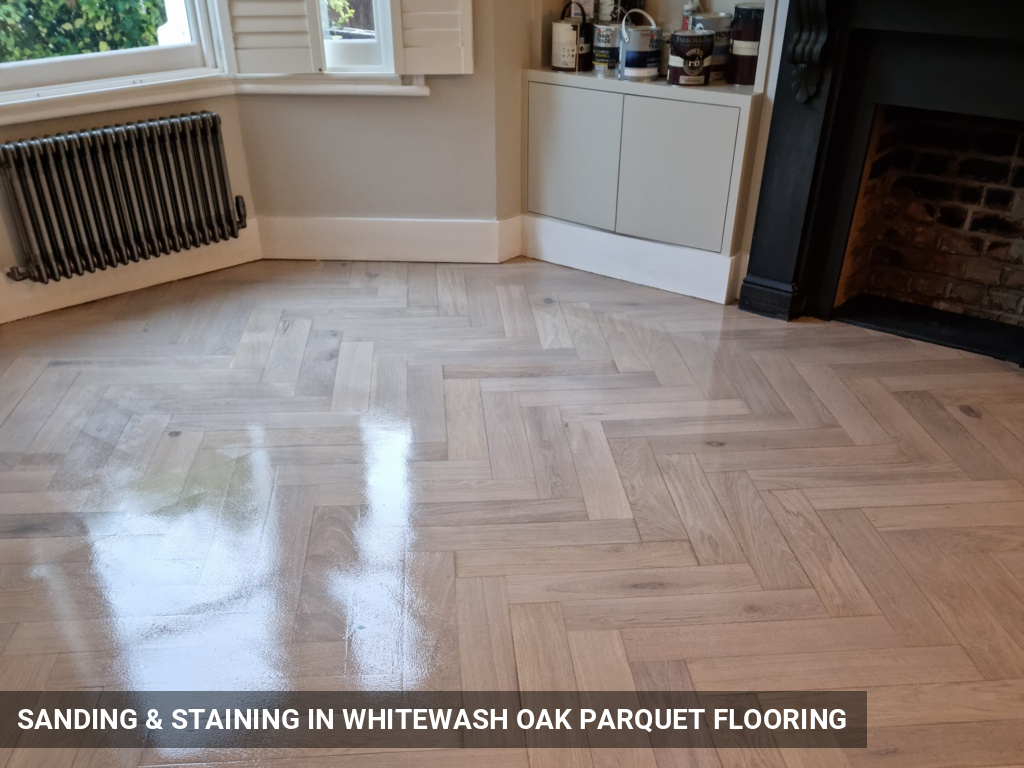 Sanding & Staining in Whitewash Oak Parquet Flooring in Putney