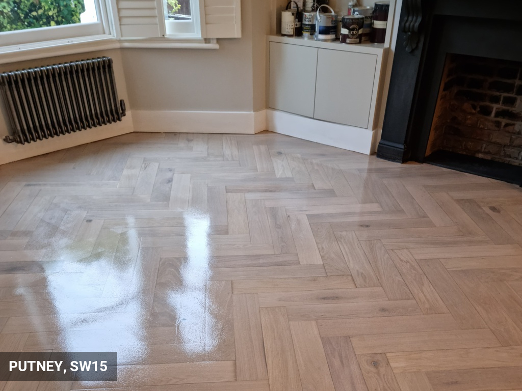 Sanding & Staining in Whitewash Oak Parquet Flooring in Putney, SW15
