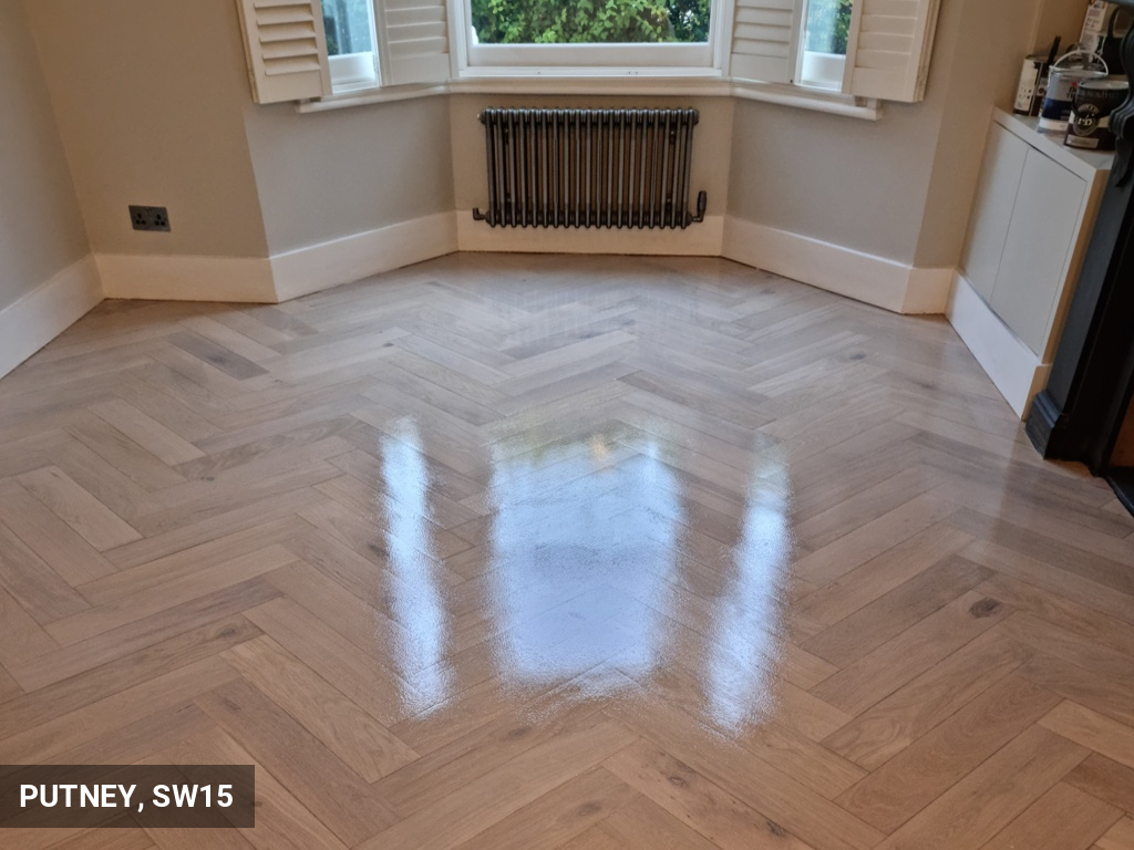 Sanding & Staining in Whitewash Oak Parquet Flooring in Putney