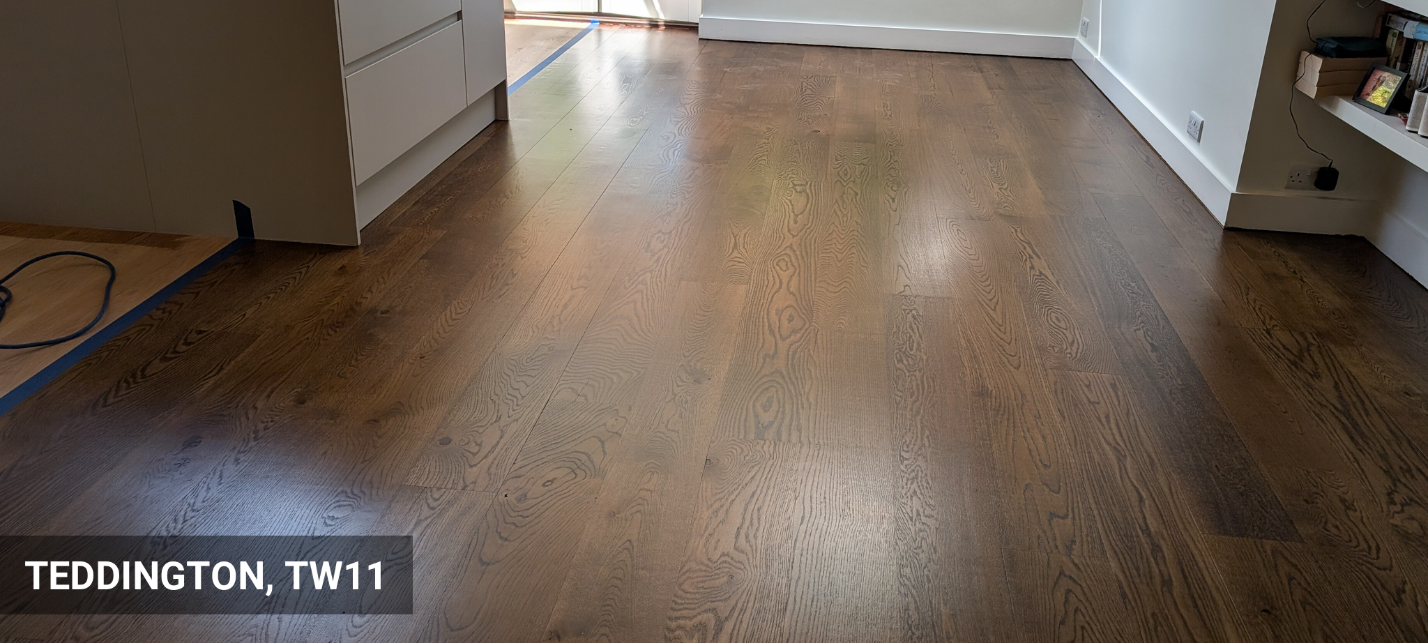Engineered Oak Floor Restoration & Gap Filling, Finished in Jacobean Oak Stain in Teddington