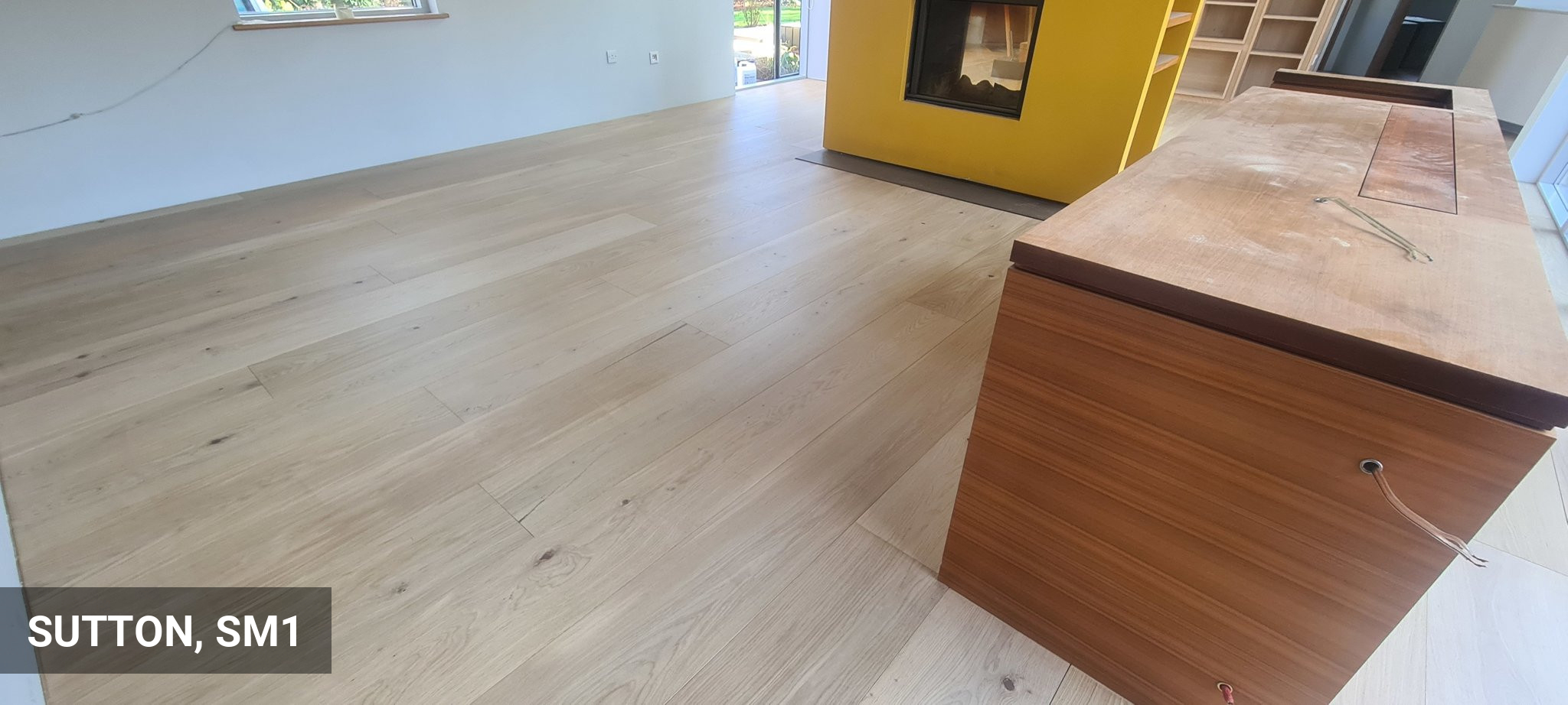 Sanding & Staining Extra Wide Oak Flooring Planks in Nordic Tone in Sutton